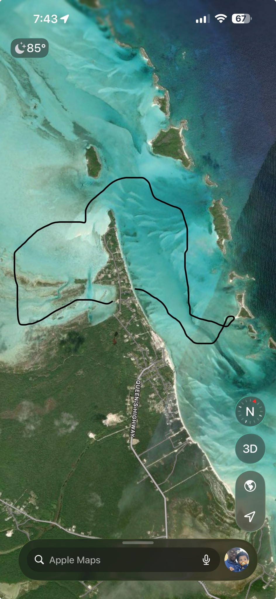 Satellite view of San Salvador and its surrounding turquoise shallows