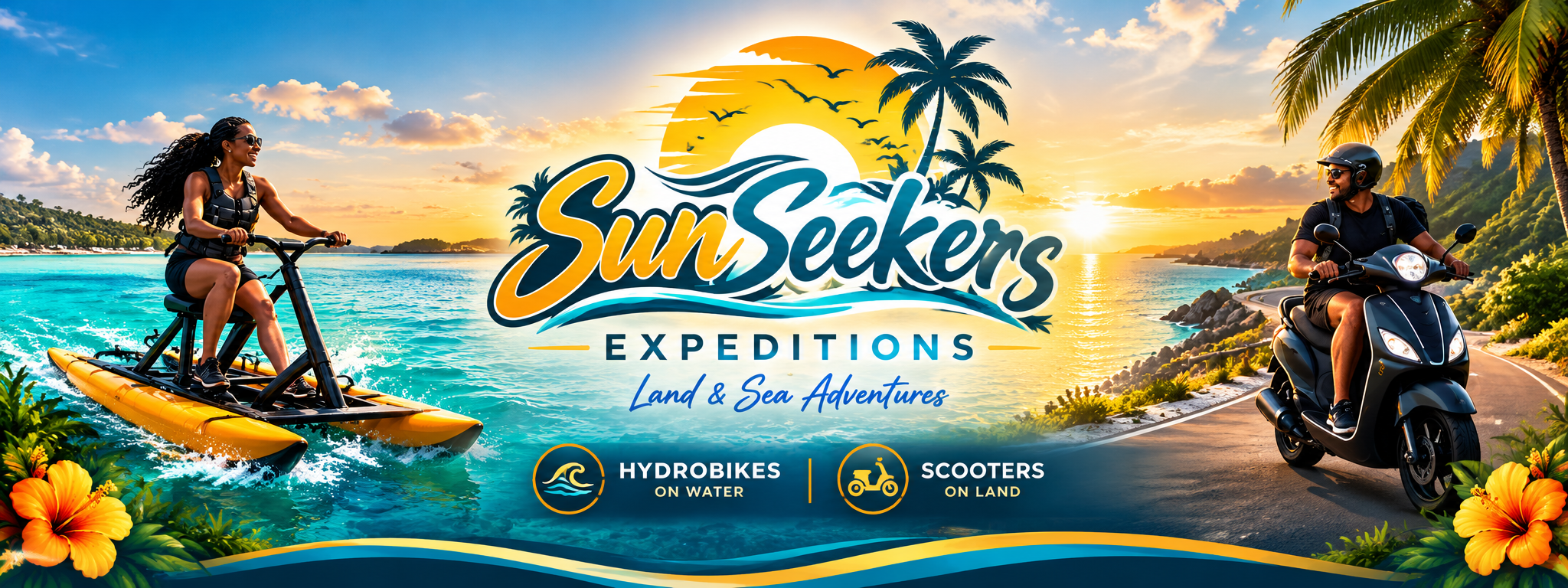 SunSeekers Expeditions Land and Sea Adventures, featuring hydro bikes on turquoise water and scooter tours at sunset